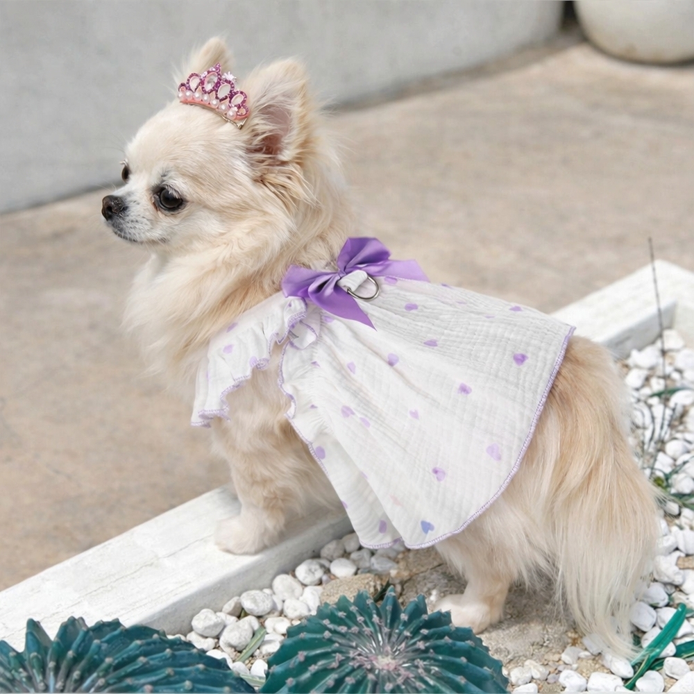 Medium Dog‎ Heart Dress with Purple Bow & Tiara Clip | Princess Pet Outfit